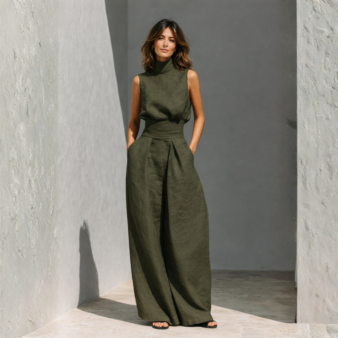 Olive green linen two piece set with high neck sleeveless top and wide leg pleated pants