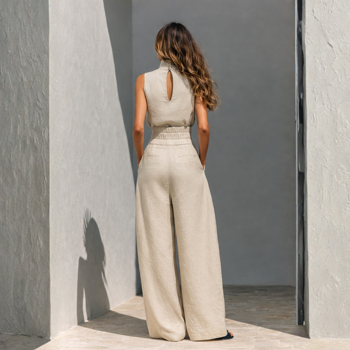 Back view of linen two piece set showing keyhole closure on high neck sleeveless top