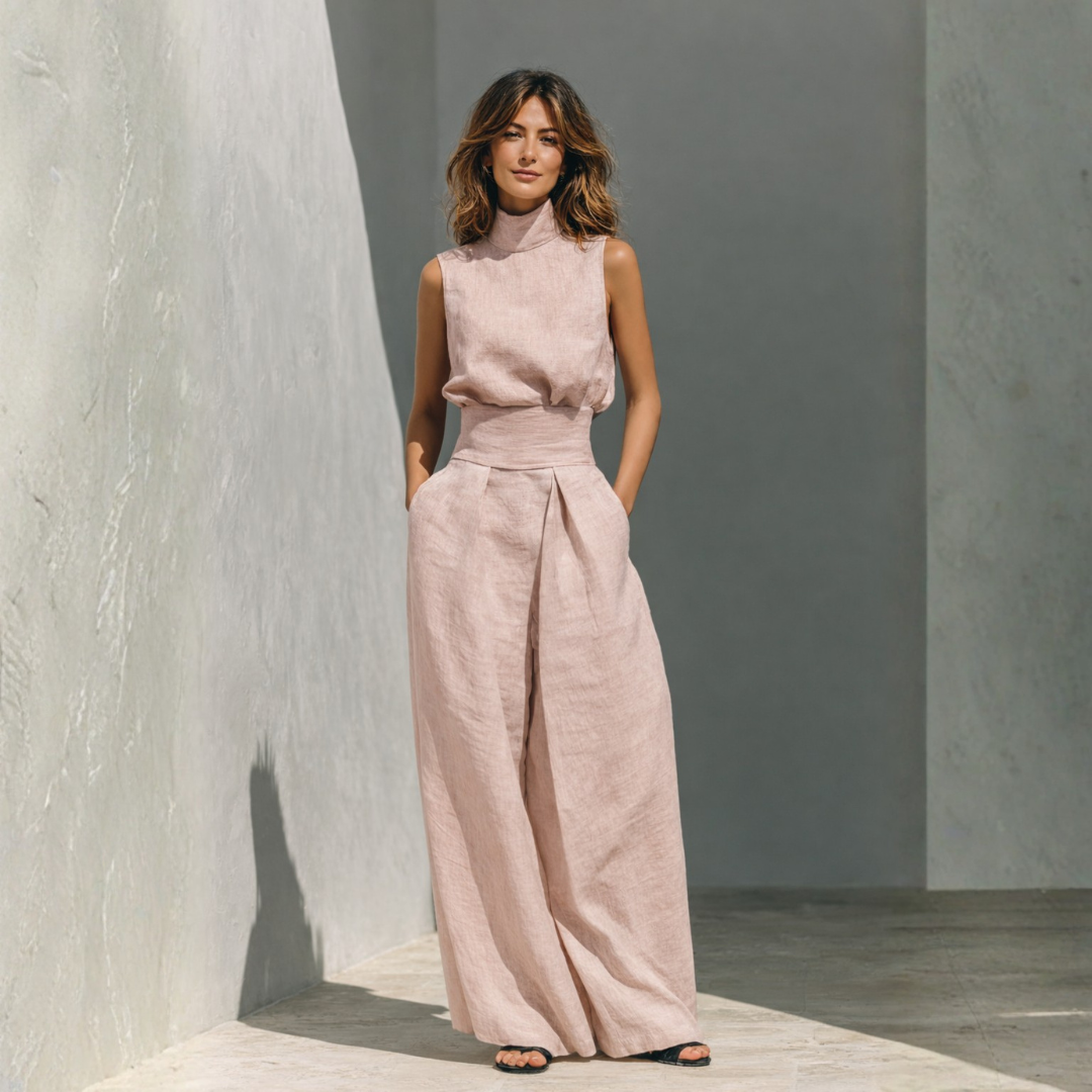 Dusty rose linen matching set featuring high neck top and wide leg trousers with side pockets