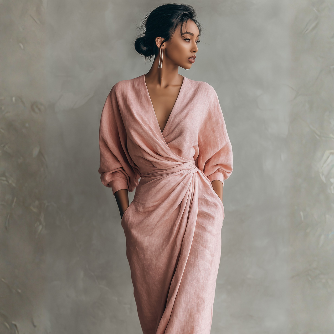 Blush pink linen wrap maxi dress side profile featuring draped panel and twisted waist
