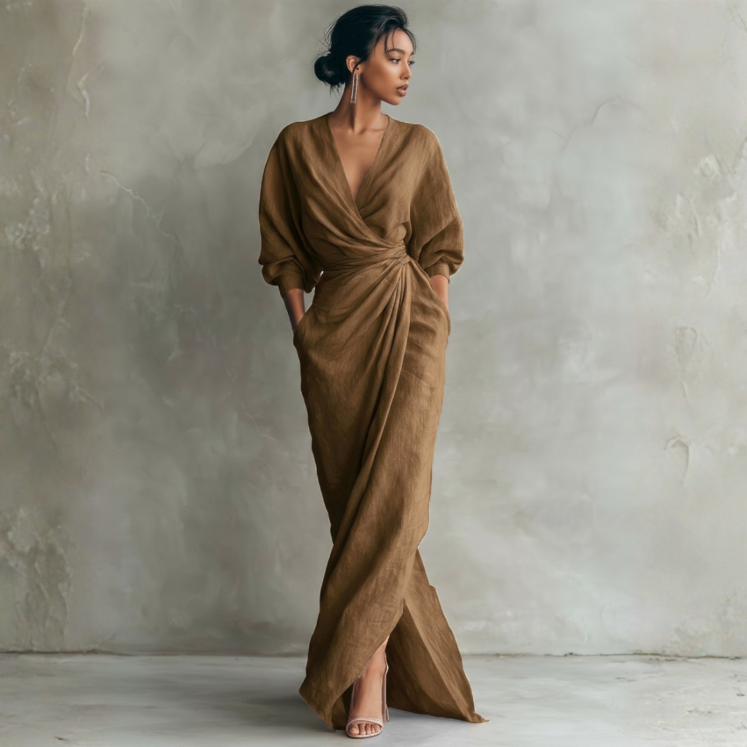 Brown linen wrap maxi dress profile with high slit and draped twist waist design
