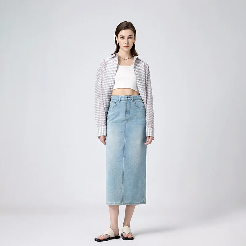 Long Denim Skirt for Women – Elegant High Waist with Embroidered Detail and Four-Way Stretch 0