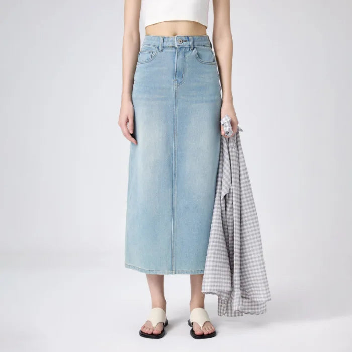 Long Denim Skirt for Women – Elegant High Waist with Embroidered Detail and Four-Way Stretch 5