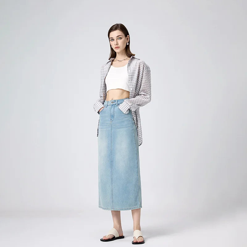 Long Denim Skirt for Women – Elegant High Waist with Embroidered Detail and Four-Way Stretch 3