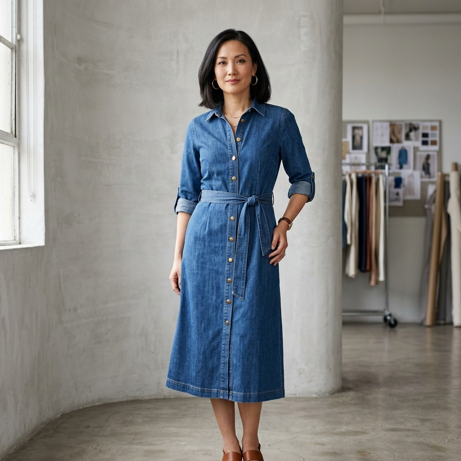 Markz Fashion Woman wearing a blue denim dress standing in a room with a concrete wall and clothing rack.
