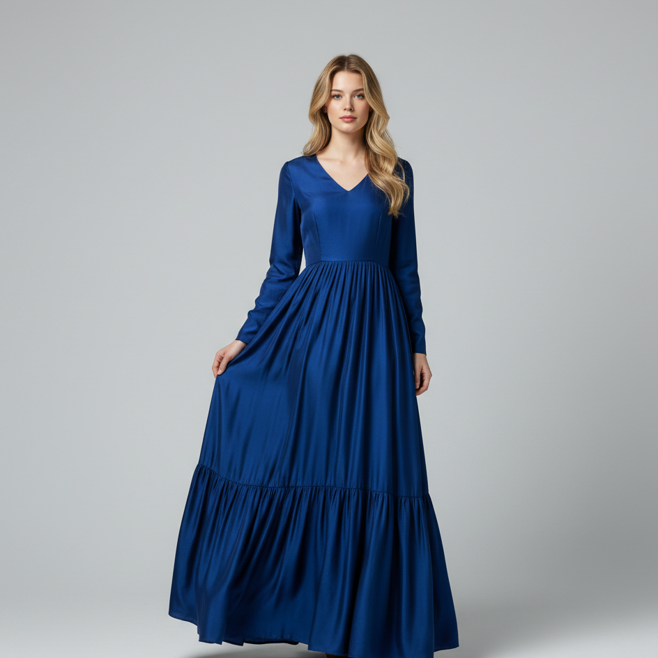 Markz Fashion Woman wearing a blue long-sleeve dress on a gray background 1