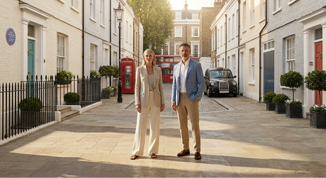 Markz Fashion homepage Two people standing on a sunlit street with classic British architecture and a red double-decker bus in the background.