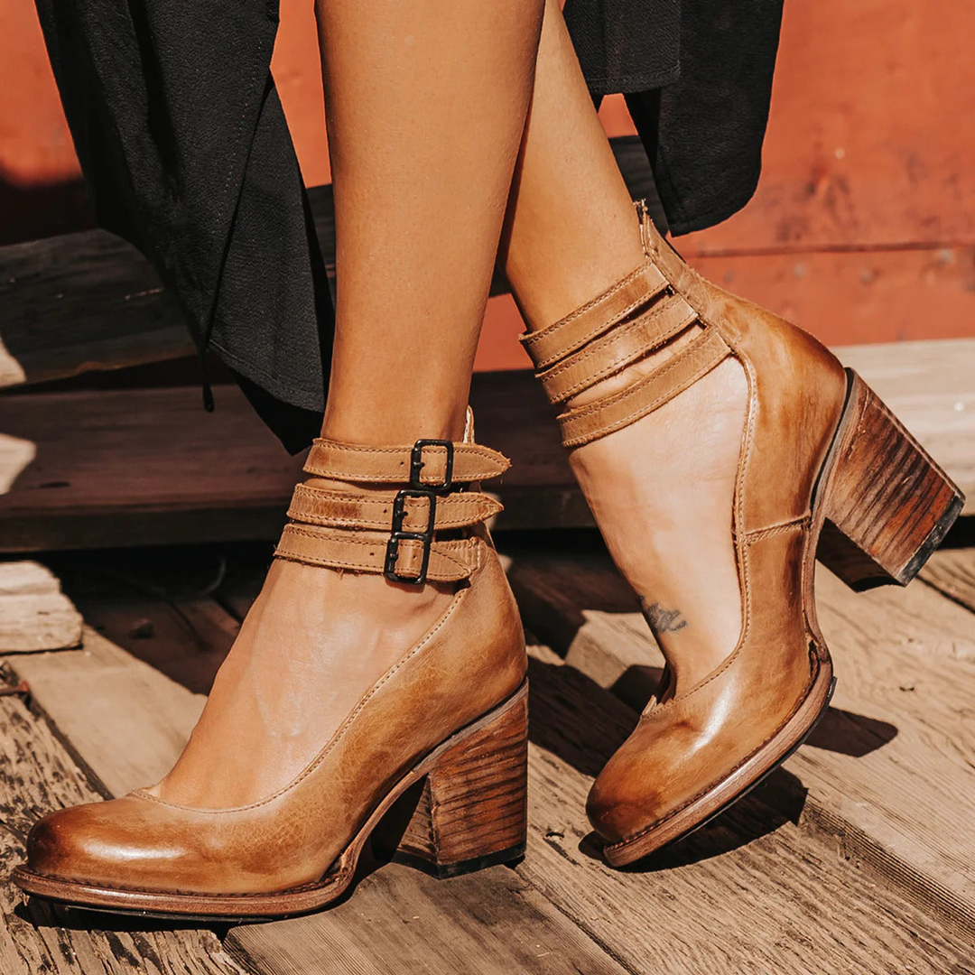 Light tan leather ankle strap chunky block heels with layered wood