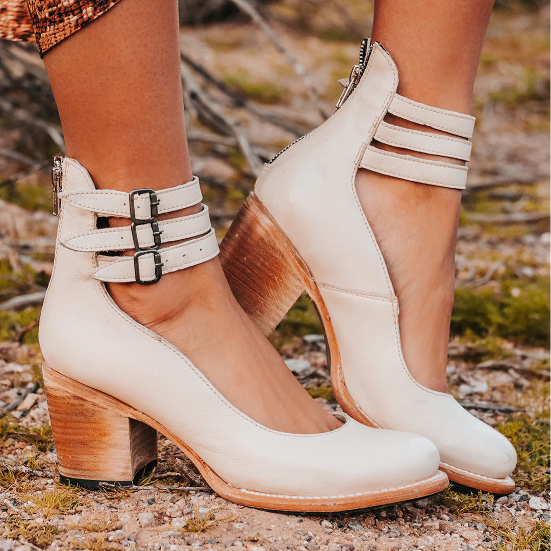 Cream leather ankle strap block heels with natural wood heel