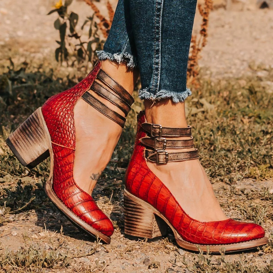 Red crocodile textured block heels with stacked wooden heel