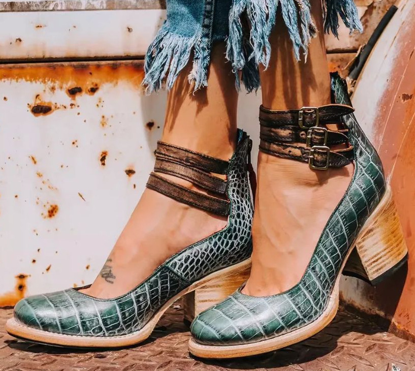 Green crocodile textured block heels with natural wood grain