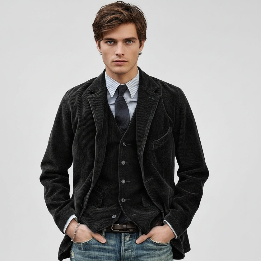 Men’s 2-Piece Set Vintage Corduroy Double Breasted Blazer and Vest