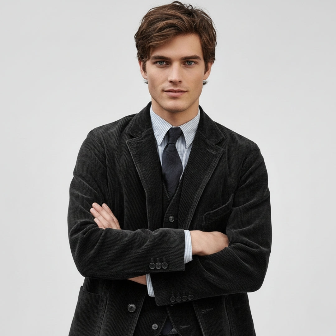 Men’s 2-Piece Set Vintage Corduroy Double Breasted Blazer and Vest