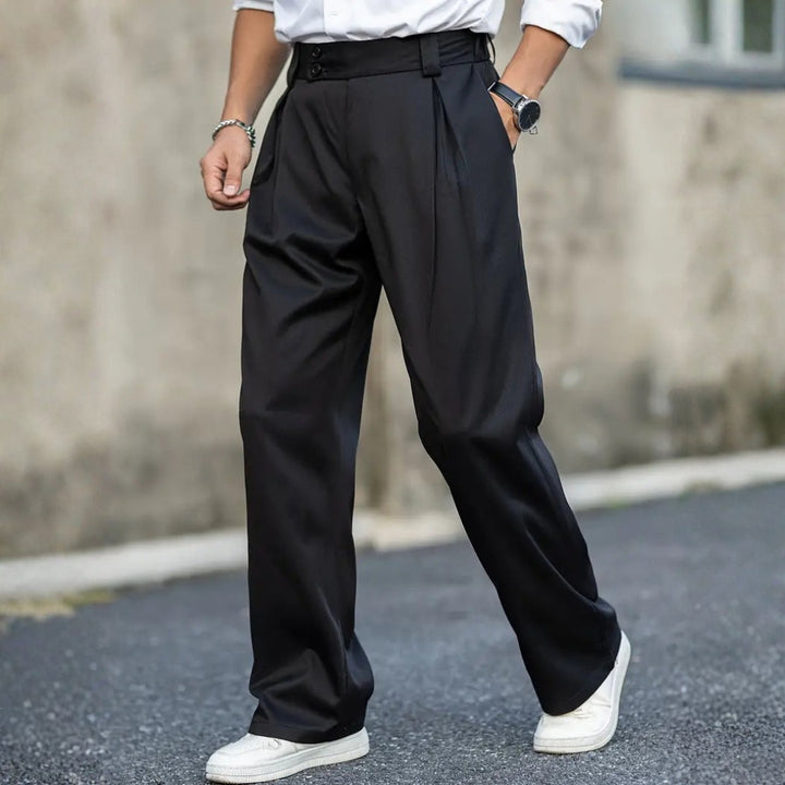 Men's All-Season Pleated Wide-Leg Trousers with Double Button Waistband