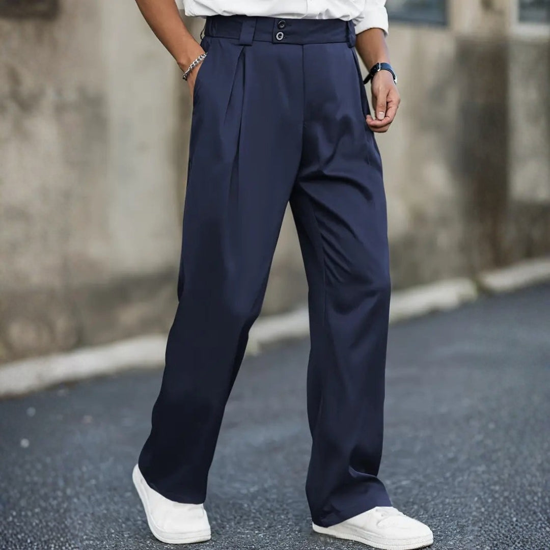 Men's All-Season Pleated Wide-Leg Trousers with Double Button Waistband