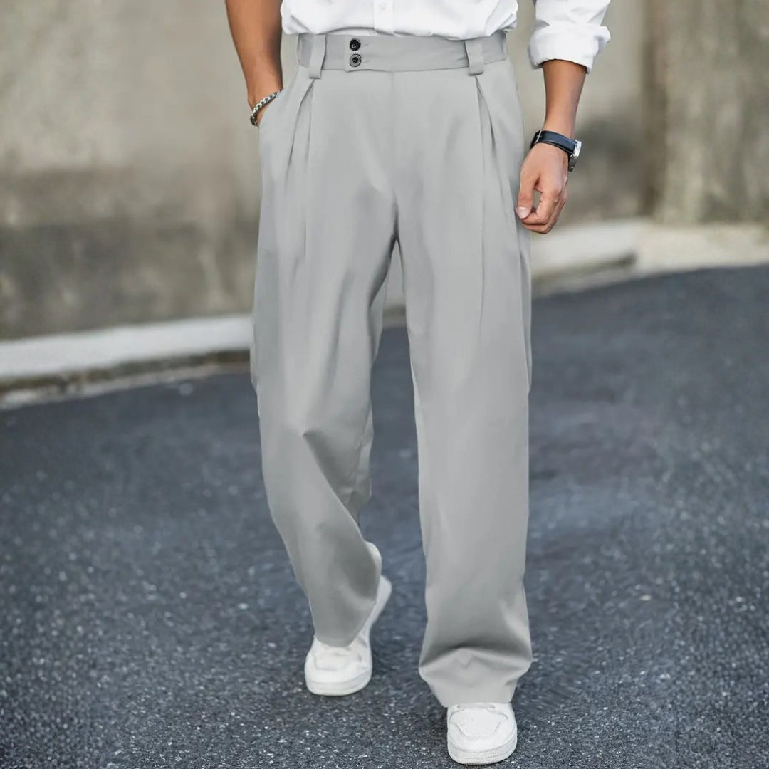 Men's All-Season Pleated Wide-Leg Trousers with Double Button Waistband