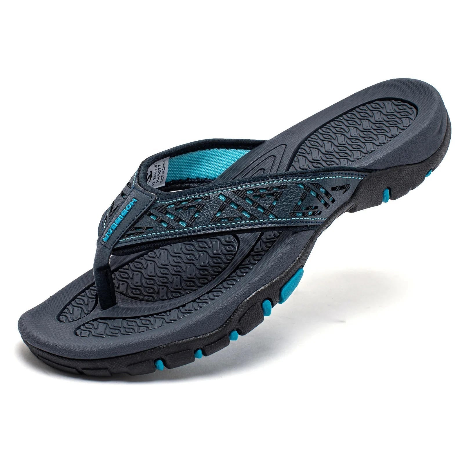 Dark gray MOBIBEAR men's flip flops with teal accents and contoured arch support