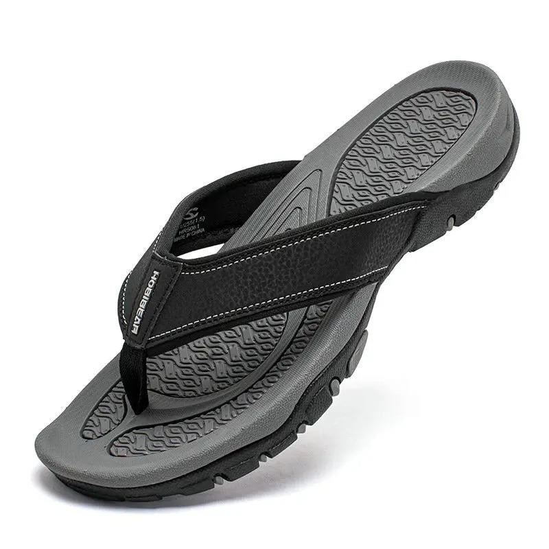 Black HOBEIBEAR men's athletic flip flops with arch support and non-slip tread