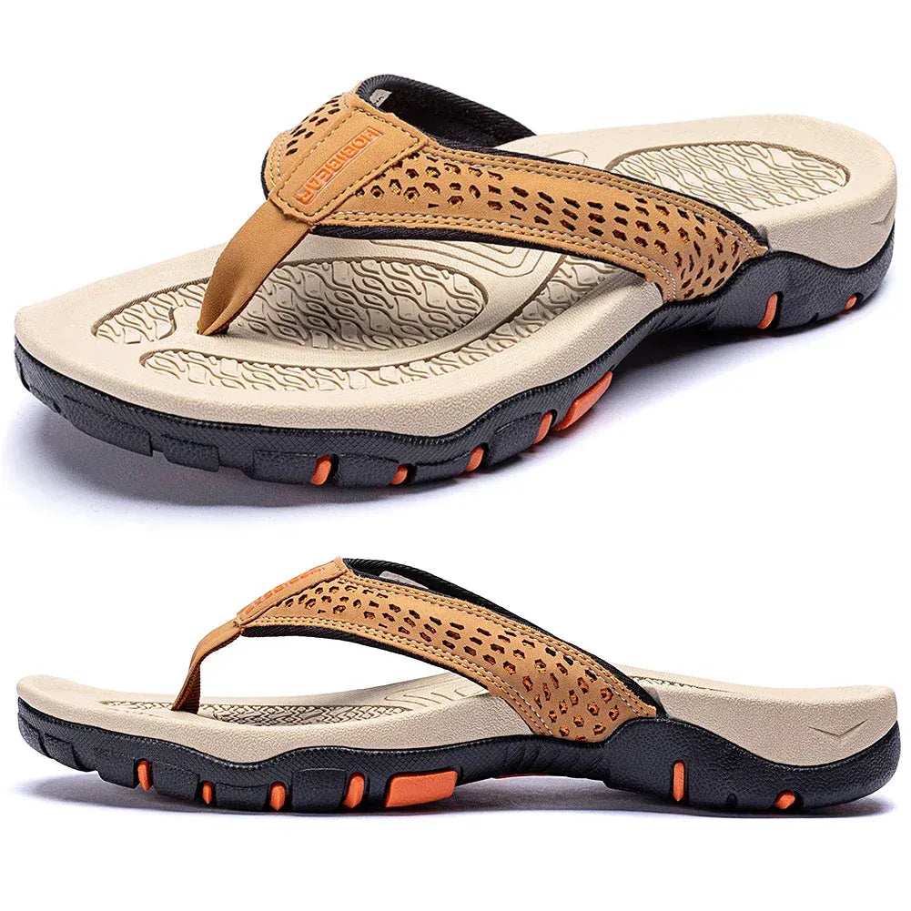 Tan HOBEIBEAR men's flip flops with wave-patterned footbed and orange sole accents