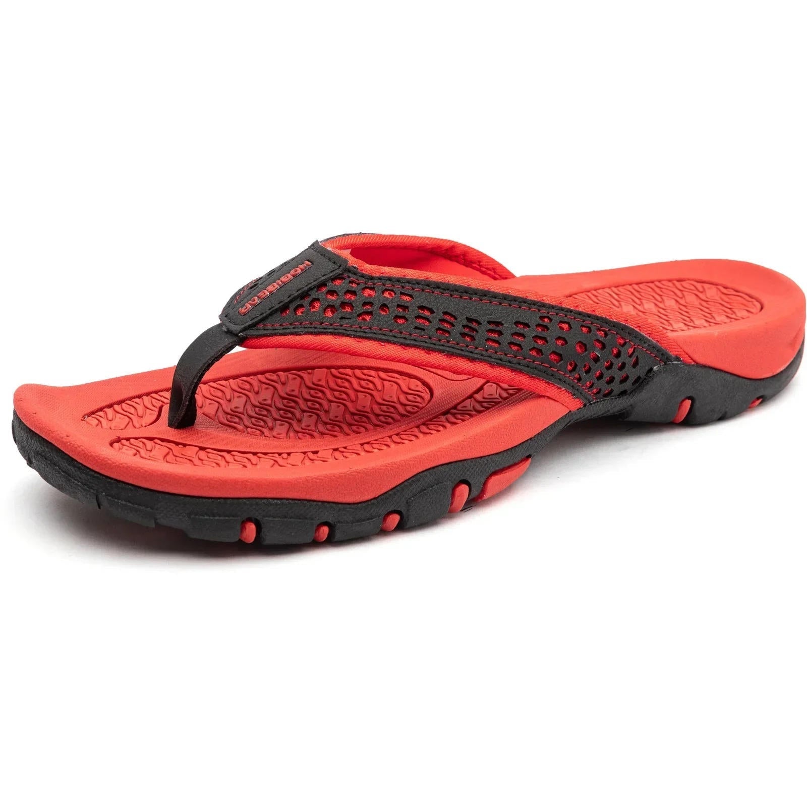Red and black HOBEIBEAR men's athletic sandals with embossed footbed and rubber lugs