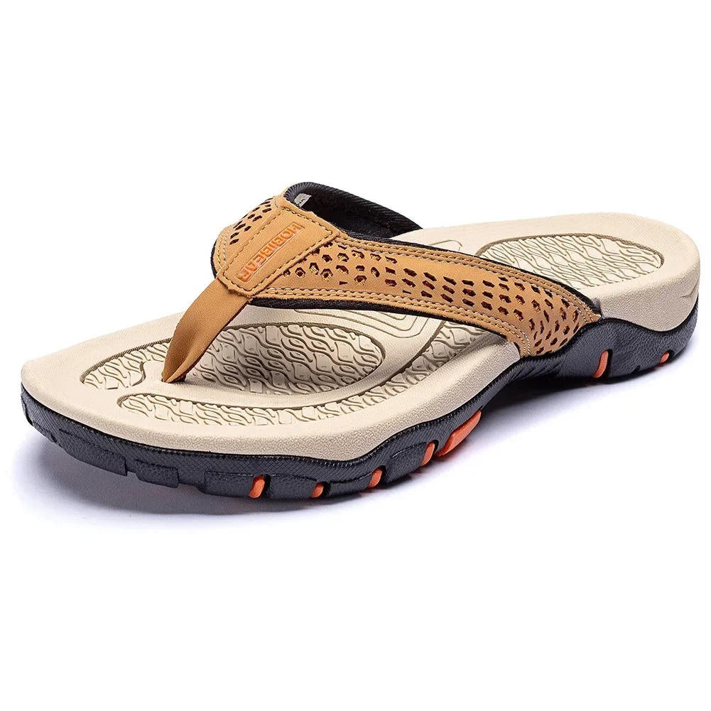 Tan HOBEIBEAR men's flip flops featuring wave-textured footbed and orange trim