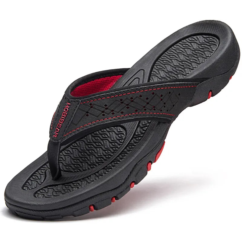 Black MOBIEAR men's athletic flip flops with red interior lining and grip nubs
