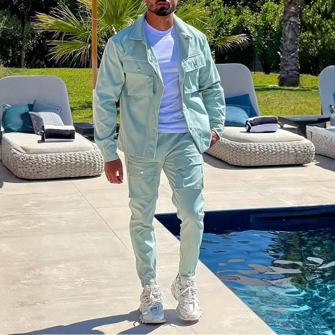 Men’s Casual Button-Up Jacket and Cargo Pants Set – Stylish, Functional, and Durable Fabric