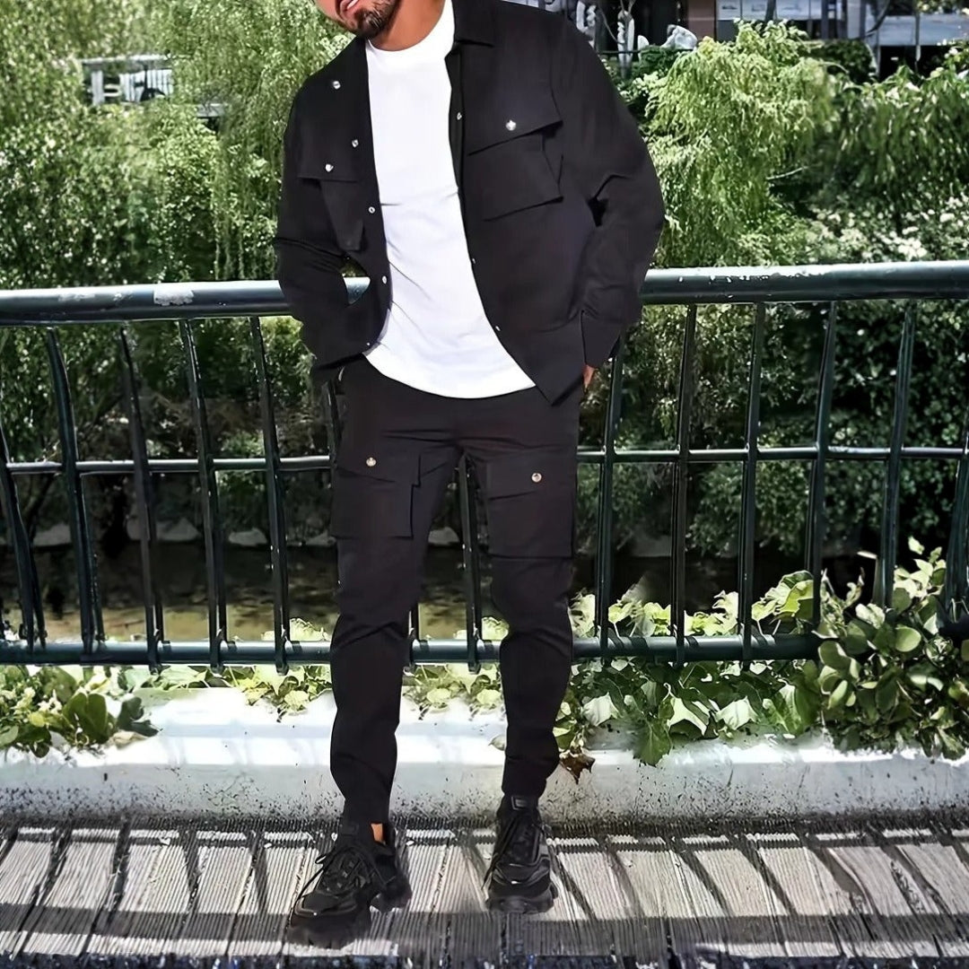 Men’s Casual Button-Up Jacket and Cargo Pants Set – Stylish, Functional, and Durable Fabric