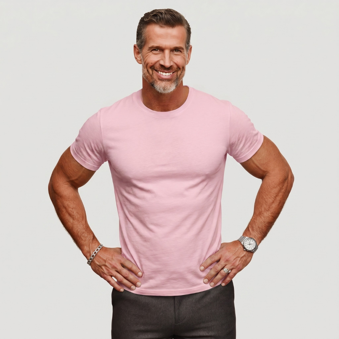 Men's light pink crew neck t-shirt featuring soft fabric and everyday casual style