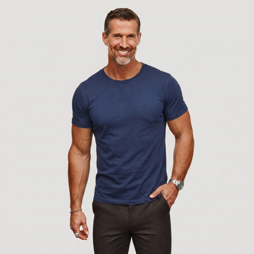 Men's navy blue crew neck t-shirt accentuating physique with close-fitting cut