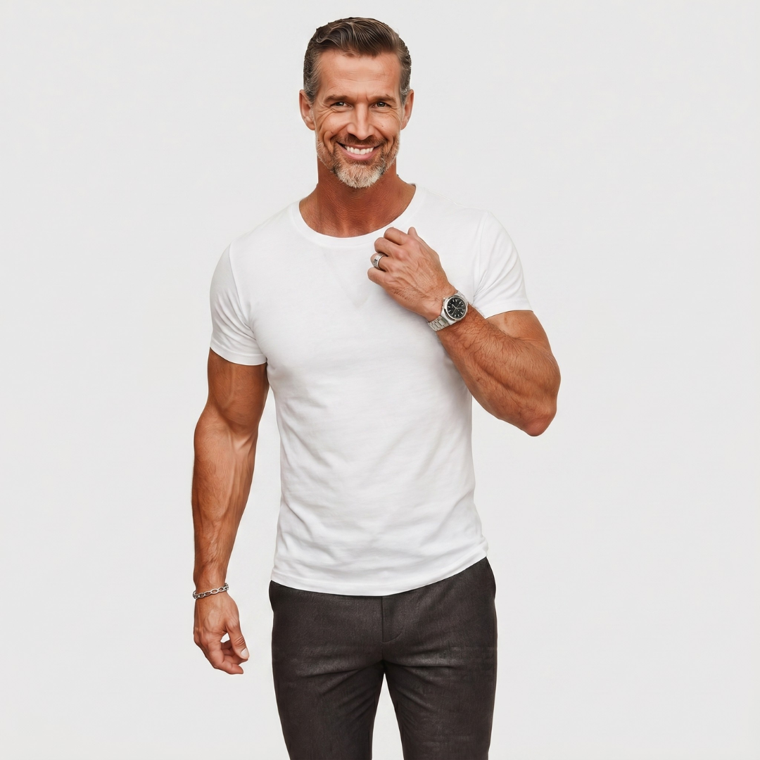 Men's white crew neck t-shirt with smooth finish and slightly fitted design detail