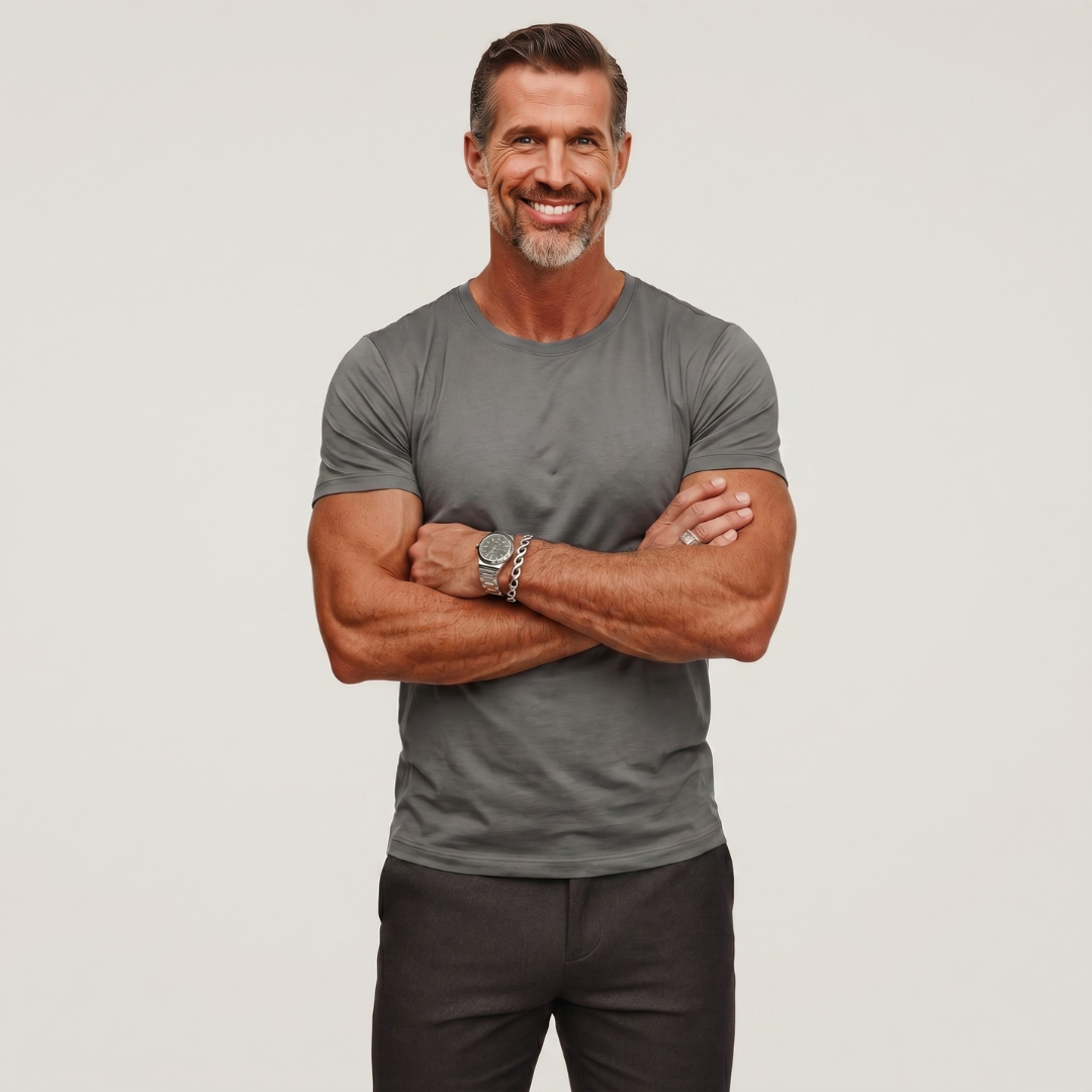 Men's heather gray crew neck t-shirt displaying smooth texture and tailored fit
