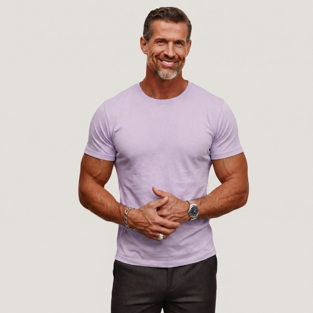 Men's lavender crew neck t-shirt with breathable material and classic round neckline