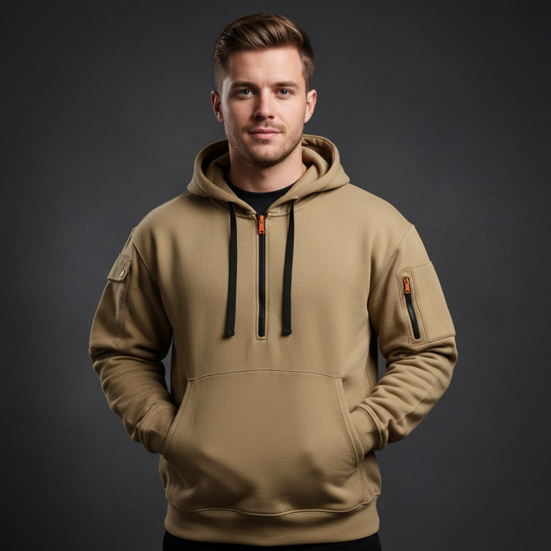 Men’s Half Zip Hoodie with Sleeve Pockets and Kangaroo Pocket
