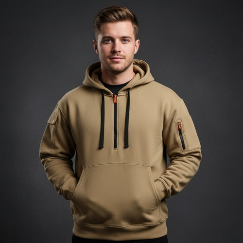 Men’s Half Zip Hoodie with Sleeve Pockets and Kangaroo Pocket