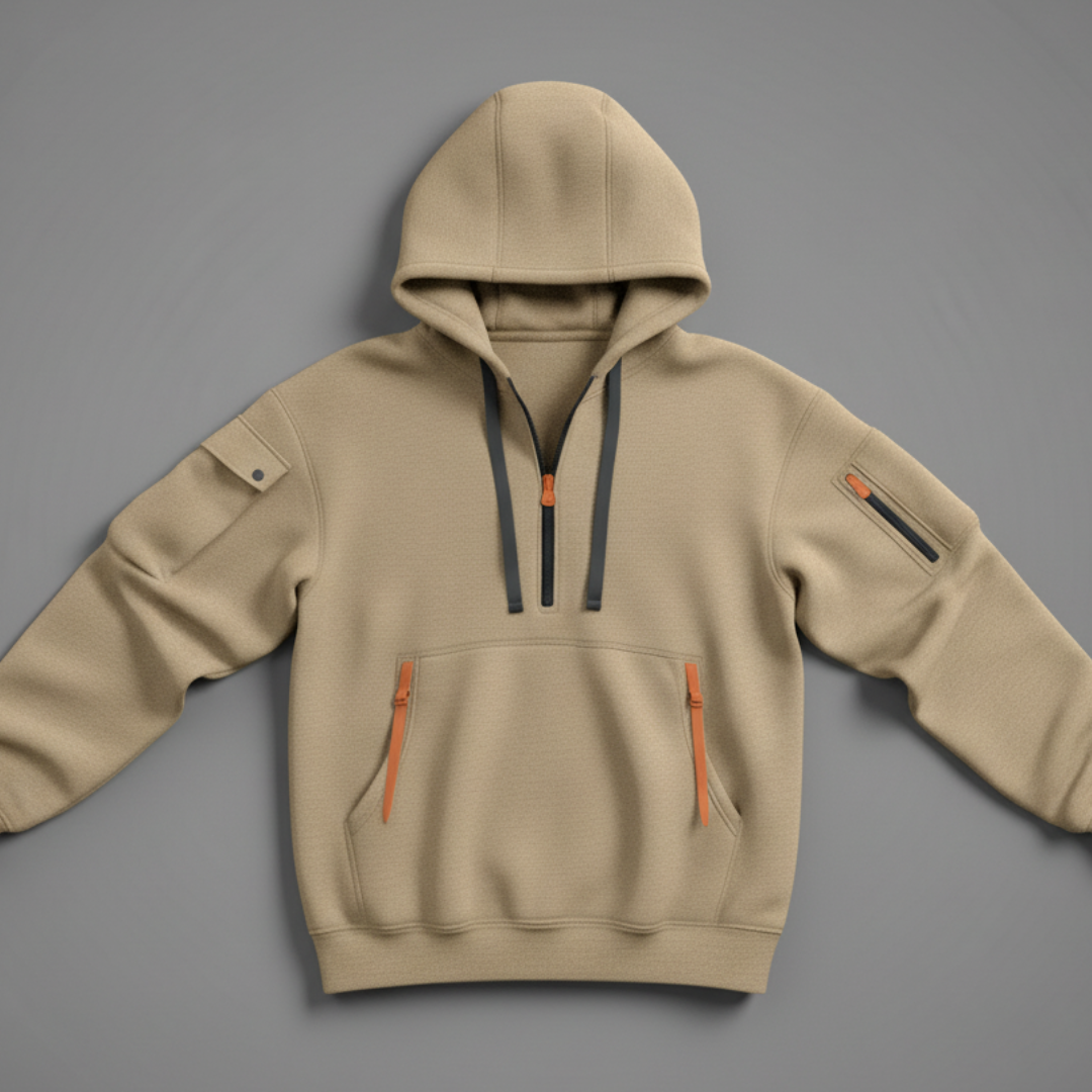 Men’s Half Zip Hoodie with Sleeve Pockets and Kangaroo Pocket