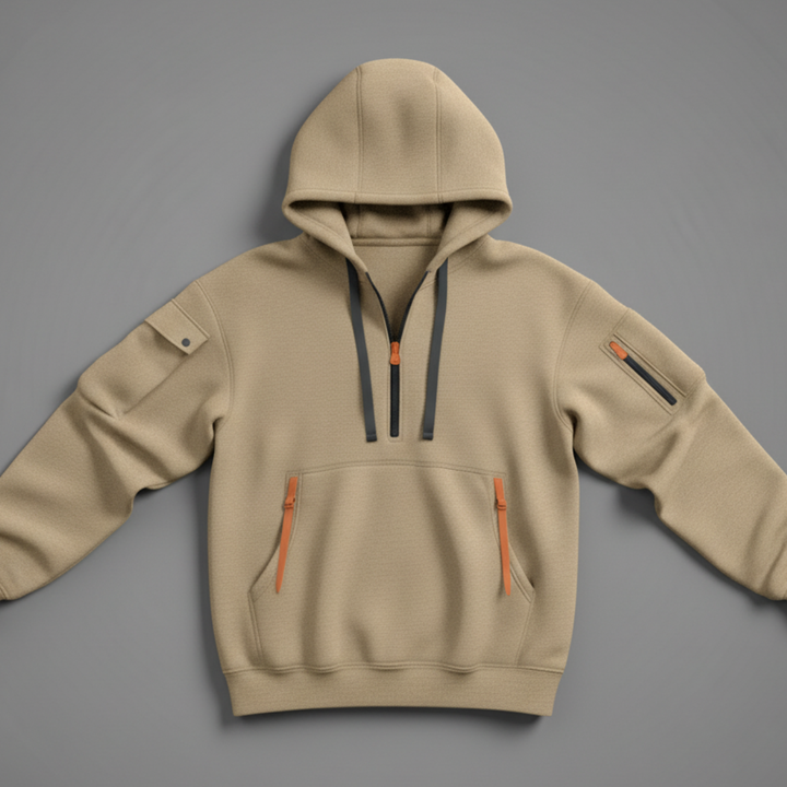 Men’s Half Zip Hoodie with Sleeve Pockets and Kangaroo Pocket