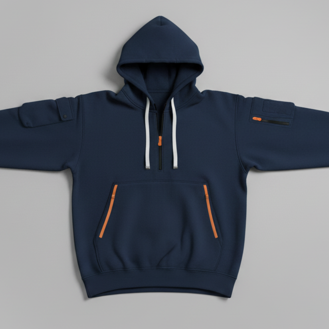 Men’s Half Zip Hoodie with Sleeve Pockets and Kangaroo Pocket