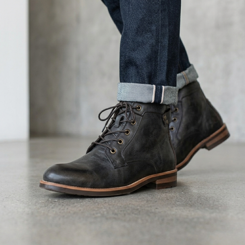 Men’s Lace Up Leather Boots with Low Heel