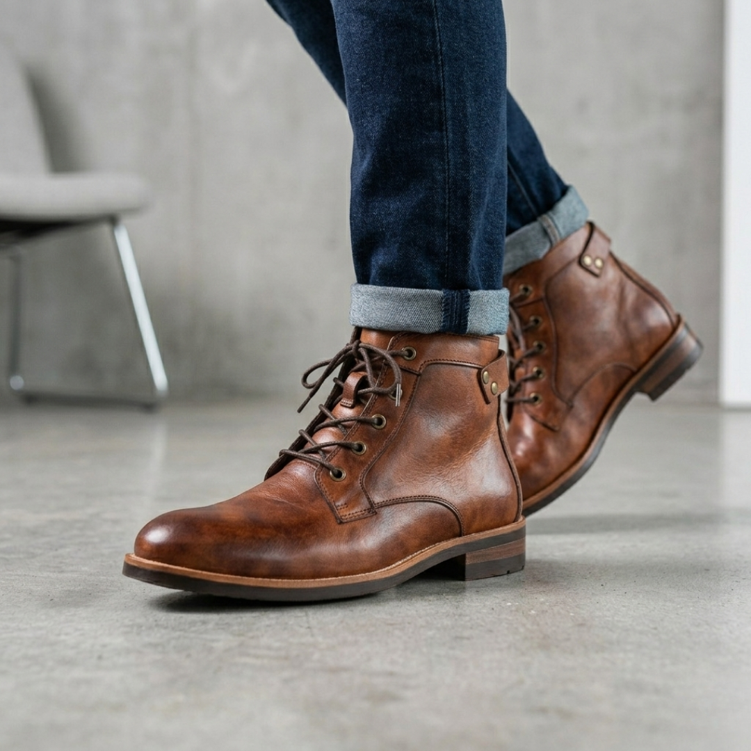 Men’s Lace Up Leather Boots with Low Heel