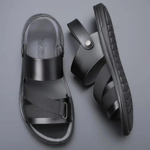 Men’s Leather Sandals – Black Cross-Strap Summer Shoes with Adjustable Slingback