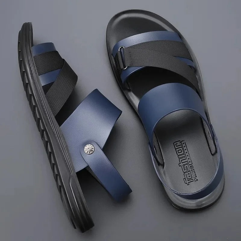 Men’s Leather Sandals – Black Cross-Strap Summer Shoes with Adjustable Slingback