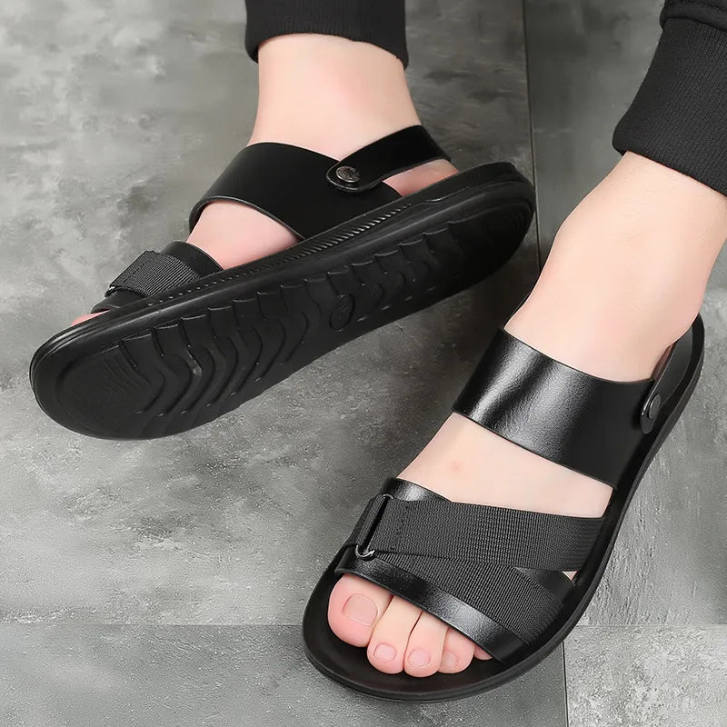 Men’s Leather Sandals – Black Cross-Strap Summer Shoes with Adjustable Slingback