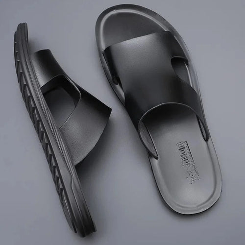 Men's Leather Slippers – Stylish Black Summer Slides for Casual and Outdoor Wear