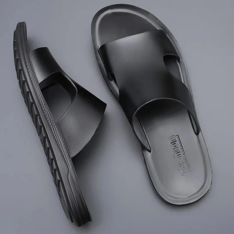 Men's Leather Slippers – Stylish Black Summer Slides for Casual and Outdoor Wear
