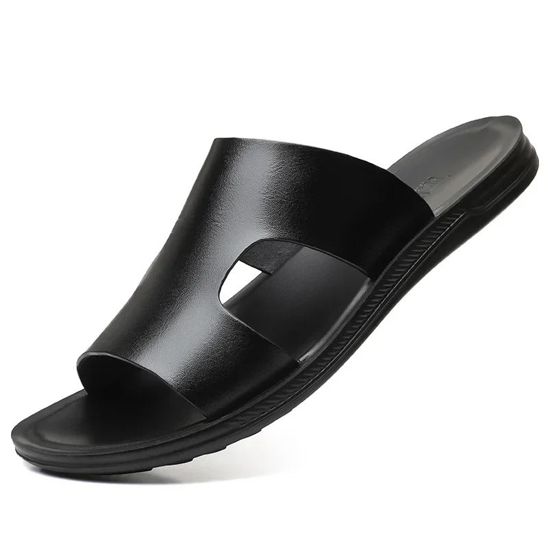 Men's Leather Slippers – Stylish Black Summer Slides for Casual and Outdoor Wear