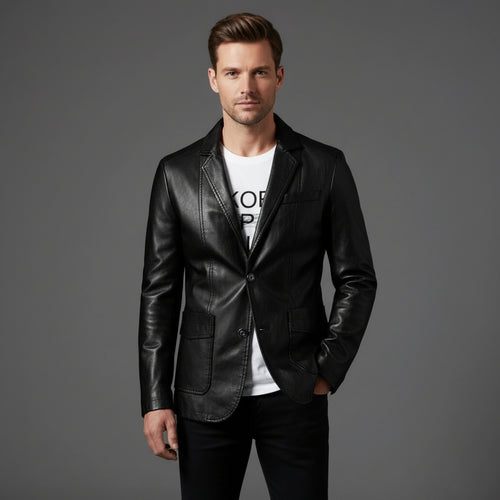 Men’s Leather Tailored Jacket with Double Button