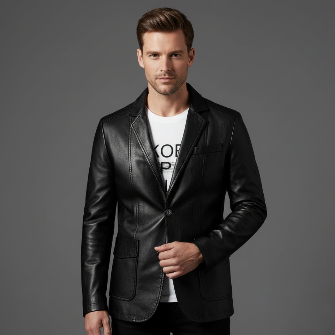Men’s Leather Tailored Jacket with Double Button