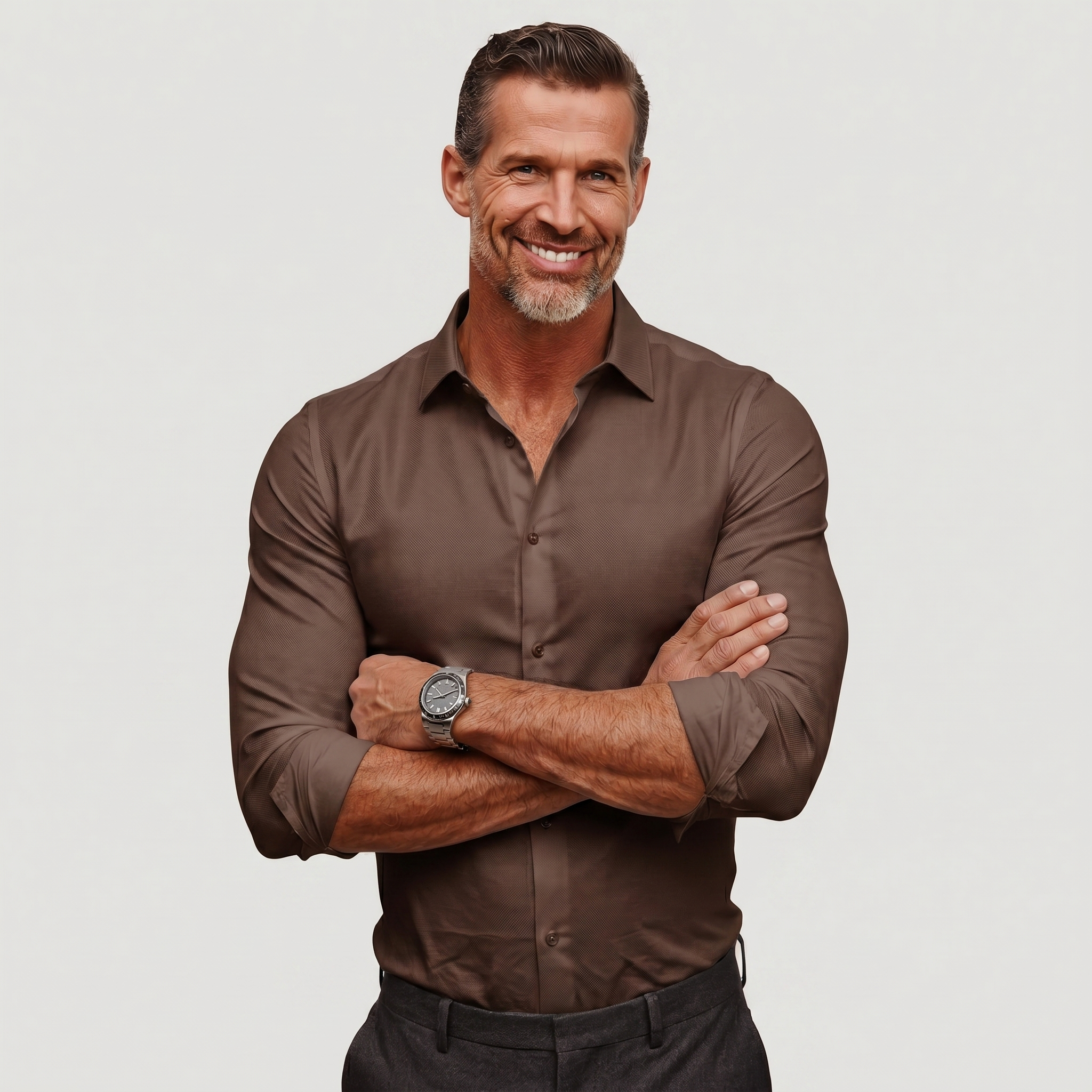 Brown textured men's slim fit button-up shirt crossed arms