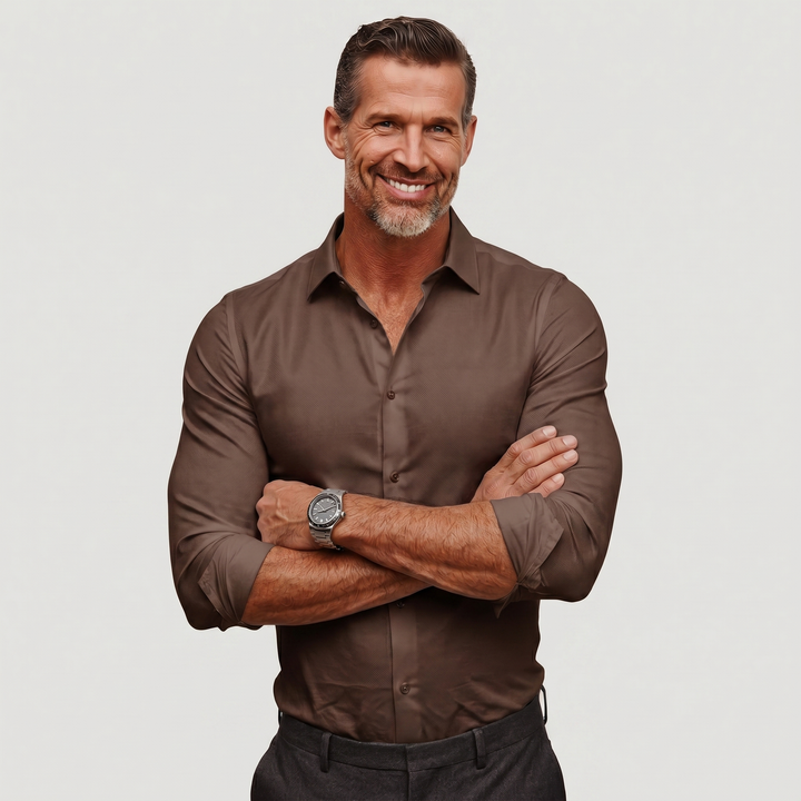 Brown textured men's slim fit button-up shirt crossed arms